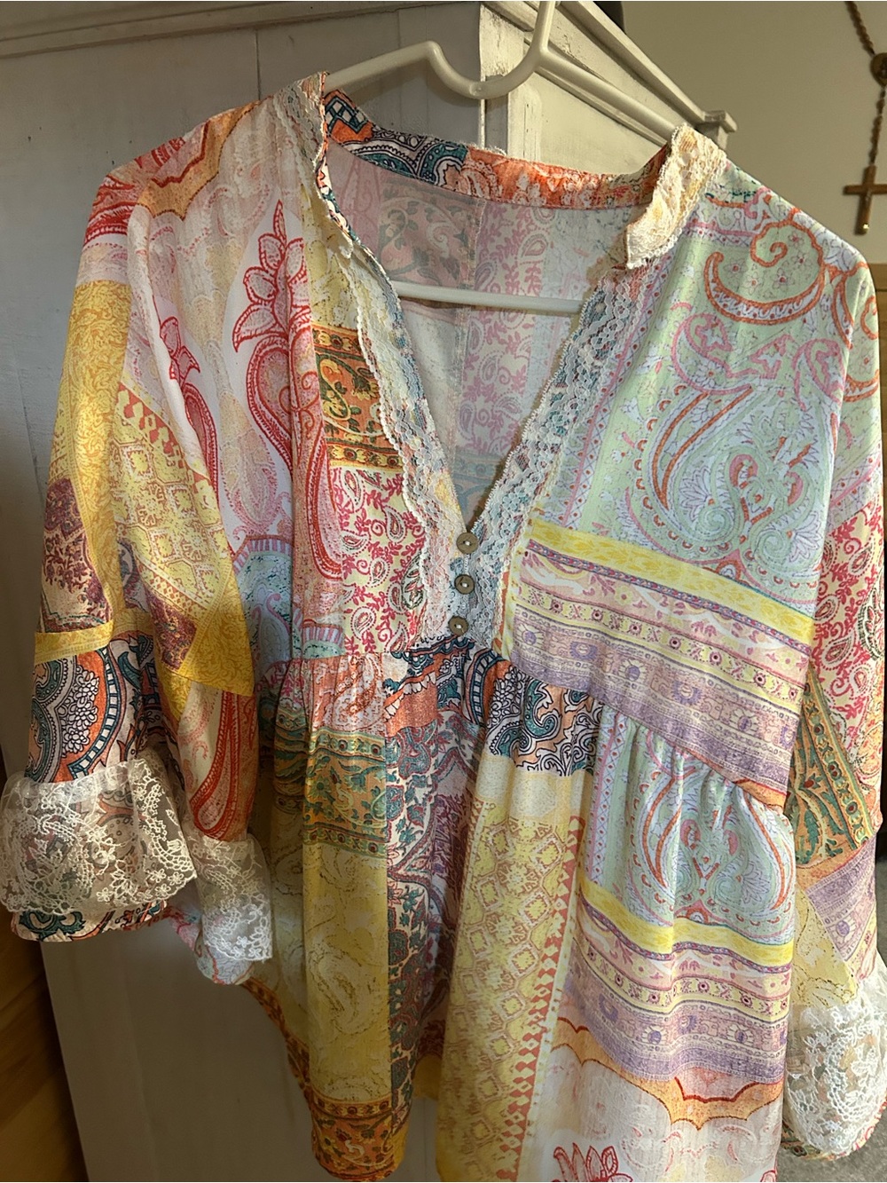 Patchwork Paisley Lace-Trim Tunic Top - Multicolor